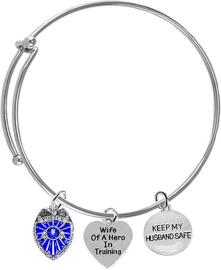Police Badge, Policemen's Wife, Wife Of A Hero In Training, Keep My Husband Safe, Adjustable, Miracle Wire Bracelet, Hypoallergenic Safe-Nickel, Lead And Cadmium Free