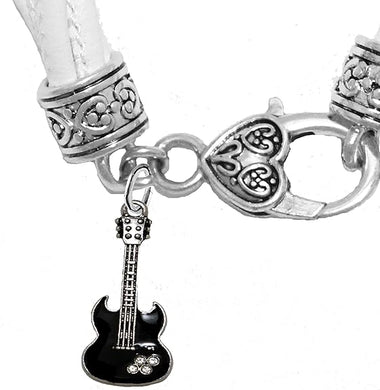 Black Guitar On Genuine Multi String White Leather Bracelet, Hypoallergenic Safe-Nickel, Lead And Cadmium Free