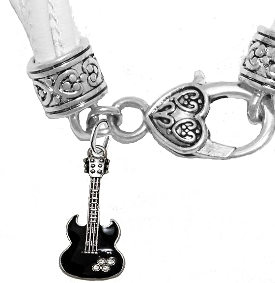 Black Guitar On Genuine Multi String White Leather Bracelet, Hypoallergenic Safe-Nickel, Lead And Cadmium Free
