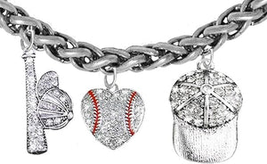 Baseball Heart, Genuine Crystal. Bat, Caps Bracelet, Hypoallergenic, Safe-Nickel & Lead, Free