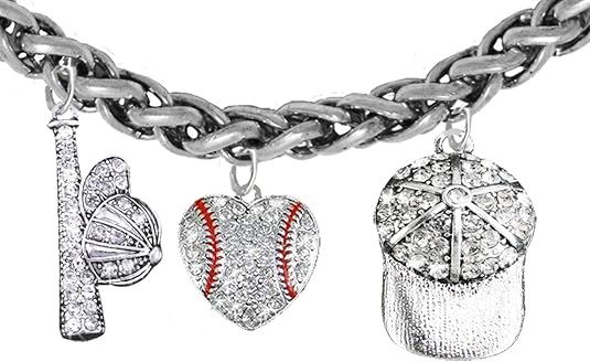 Baseball Heart, Genuine Crystal. Bat, Caps Bracelet, Hypoallergenic, Safe-Nickel & Lead, Free
