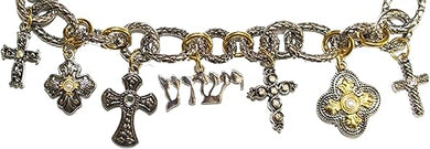 Messianic Yeshua And 6 Crosses Two-Toned Charm Bracelet,Adjustable, Hypoallergenic, Safe-Nickel, Lead, Cadmium Free