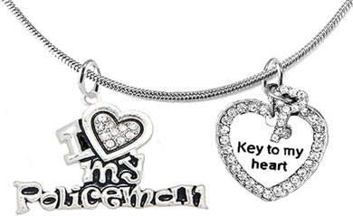 Policeman's, I Love My Policeman, Key To My Heart, Adjustable Snake Chain Necklace, Hypoallergenic, Safe-Nickel, Lead, Free