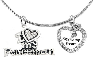 Policeman's, I Love My Policeman, Key To My Heart, Adjustable Snake Chain Necklace, Hypoallergenic, Safe-Nickel, Lead, Free
