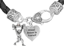 Weightlifters Barbell Lunge Pose, Always Believe In Yourself Heart, On A Black Woven Leather Bracelet, Hypoallergenic - Nickel, Lead, And Poisonous Cadmium Free