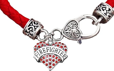 Firefighter Heart, On A Genuine Red Woven Leather Hypoallergenic Bracelet, Nickel, Lead, And Poisonous Cadmium Free