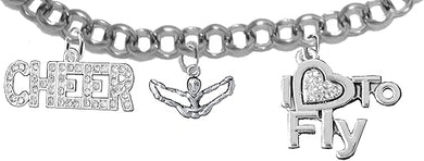 Cheer, Genuine Crystal, Cheerleader, I Love To Fly, Adjustable, Hypoallergenic Genuine Crystal Charm Bracelet, Nickel, Lead, And Cadmium Free