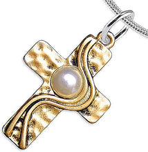 Christian Cross, Two Tone Matt Gold and Silver, Faux Pearl Necklace, Adjustable, Hypoallergenic, Safe-Nickel, Lead, and Cadmium Free