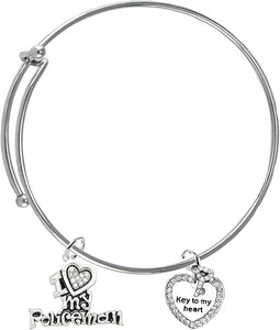 Policeman's, I Love My Policeman, Key To My Heart., Adjustable Miracle Wire Bracelet, Hypoallergenic, Safe-Nickel, Lead, Free