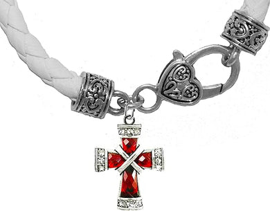 Red Genuine Crystal Cross, On A Genuine White Leather Bracelet, Hypoallergenic, Safe-No Nickel, Lead, Or Poisonous Cadmium in Bracelet