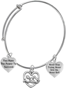 Never Stop Trying, Never Quit 3 Charm Adjustable Bracelet, Hypoallergenic, Safe-Nickel Free, No Poisonous Lead Or Cadmium