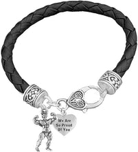 Weightlifters Front Double Bicep Pose, We Are So Proud Of You Heart, On A Black Woven Leather Bracelet, Hypoallergenic - Nickel, Lead, And Poisonous Cadmium Free