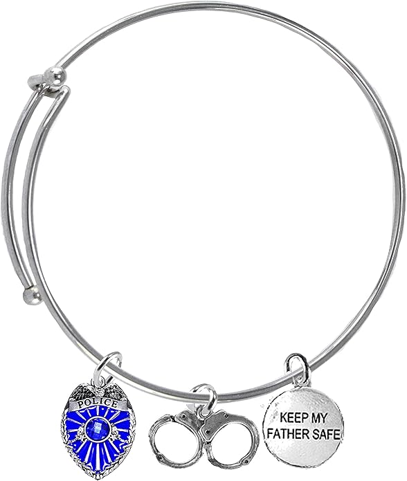 Police Badge, Policemen's Handcuffs, Keep My Father Safe, Adjustable, Miracle Wire Bracelet, Hypoallergenic Safe-Nickel, Lead And Cadmium Free