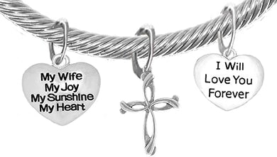 My Wife, My Joy, My Sunshine, My Heart, and I Will Love You Forever, and A Contemporary Cross Charm, Adjustable Bracelet Nickle, Lead, Cadmium Free