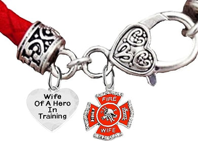 Firefighter, Wife Of A Hero In Training, Fire Department Charm, On A Antique Genuine Red Leather Bracelet, Hypoallergenic Safe-Nickel, Lead And Cadmium Free