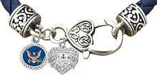Navy Mom, Navy Bracelet, US Navy Bracelet, Navy Jewelry, Crystal Heart On Genuine Leather Bracelet. Hypoallergenic-Safe, No Nickel, Lead, Or Poisonous Cadmium