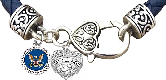 Navy Mom, Navy Bracelet, US Navy Bracelet, Navy Jewelry, Crystal Heart On Genuine Leather Bracelet. Hypoallergenic-Safe, No Nickel, Lead, Or Poisonous Cadmium