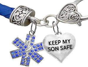 EMT Genuine Crystal Symbol, Keep My Son Safe Heart, On A Blue Leather Hypoallergenic Bracelet, Nickel, Lead, and Poisonous Cadmium Free