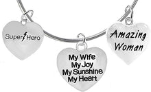 Wife, Super Hero,My Wife, My Joy, My Sunshine My Heart, Amazing Woman Charms On A Miracle Wire, Adjustable Bracelet Hypoallergenic Safe- No Nickel. Lead, Or Poisonous Cadmium.