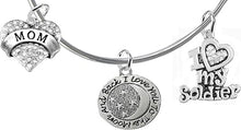 Army Mom, I Love You to The Moon and Back, Crystal I Love My Soldier, Adjustable Miracle Wire Bracelet, Hypoallergenic, Safe-Nickel, Lead, Cadmium Free