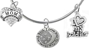 Army Mom, I Love You to The Moon and Back, Crystal I Love My Soldier, Adjustable Miracle Wire Bracelet, Hypoallergenic, Safe-Nickel, Lead, Cadmium Free