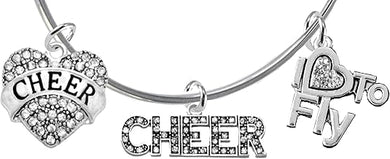 Cheer Crystal Heart, Crystal Cheer, Crystal I Love to Fly, Adjustable Miracle Wire Cheerleader Bracelet, Hypoallergenic, Nickel, Lead, and Cadmium Free