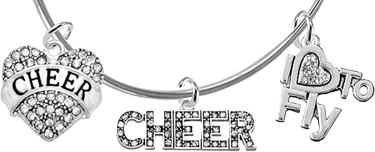 Cheer Crystal Heart, Crystal Cheer, Crystal I Love to Fly, Adjustable Miracle Wire Cheerleader Bracelet, Hypoallergenic, Nickel, Lead, and Cadmium Free