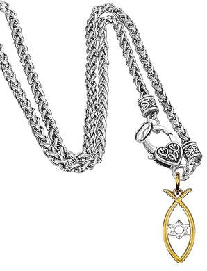Messianic Christian Fish In 14KT Goldtone, Silvertone Star Of David, Wheat Chain Necklace. If you do not believe that this jewelry is beautiful when you receive it, simply return it for a full refund, Large, Silver, Carnelian
