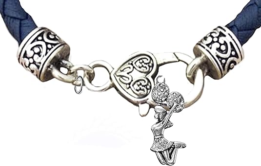 Cheer Crystal Jumping Cheerleader, Genuine Navy Blue Leather, Antique Vintage Silver Cheerleader Bracelet, Hypoallergenic, Contains No Nickel, Lead, Or Poisonous Cadmium