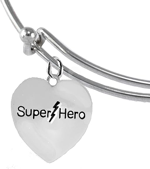 Super Hero Heart Charm On A Miracle Wire Adjustable Bracelet, Hypoallergenic Safe- No Nickel. Lead, Or Poisonous Cadmium