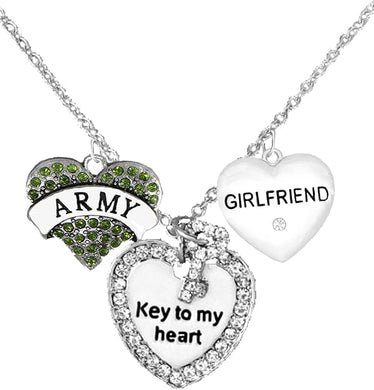 Army Girlfriend, Genuine Crystal, Key to My Heart & Girlfriend Crystal Heart, Adjustable Hypoallergenic, Safe-Nickel, Lead, Cadmium Free