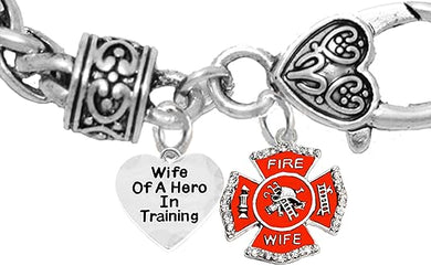 Firefighter,Wife Of A Hero In Training, Fire Department Charm, On A Antique Wheat Chain Bracelet, Hypoallergenic Safe-Nickel, Lead And Cadmium Free