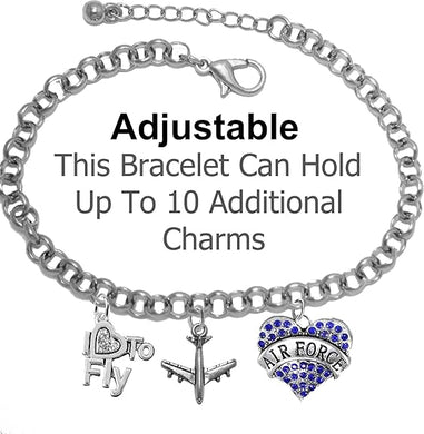 Air Force I Love to Fly Genuine Crystal, Licensed Air Force Charm, and Jet Plane, Adjustable Rolo Chain Bracelet, Hypoallergenic, Safe-Nickel, Lead, Cadmium Free