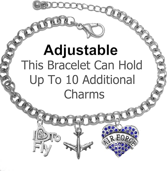 Air Force I Love to Fly Genuine Crystal, Licensed Air Force Charm, and Jet Plane, Adjustable Rolo Chain Bracelet, Hypoallergenic, Safe-Nickel, Lead, Cadmium Free