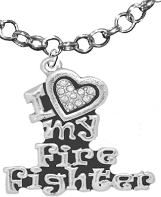 Firefighter, I Love My Firefighter, Genuine Crystal Necklace, Hypoallergenic, Safe-Nickel, Lead, Free