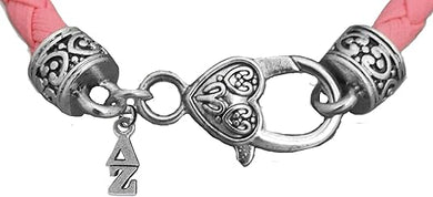 Delta Zeta, Genuine Pink Leather Bracelet Licensed Sorority Jewelry Manufacturer, Hypoallergenic Safe, No Nickle, Lead, or Poisonous Cadmium