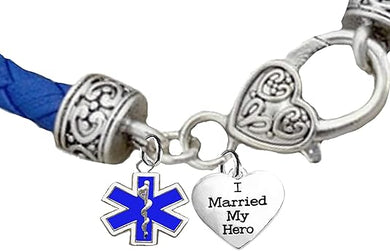 EMT, Parmedic, EMT Firefighter's I Married My Hero, On A Genuine Light Blue Leather Bracelet, Hypoallergenic Safe-Nickel, Lead And Cadmium Free