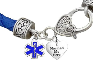 EMT, Parmedic, EMT Firefighter's I Married My Hero, On A Genuine Light Blue Leather Bracelet, Hypoallergenic Safe-Nickel, Lead And Cadmium Free