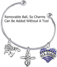 Air Force, I Love to Fly, Genuine Crystal, Beautiful Crystal Cross, Adjustable, Removable End Ball Bracelet, Add Charms Without Tools, Hypoallergenic, Safe-Nickel, Lead Free