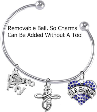 Air Force, I Love to Fly, Genuine Crystal, Beautiful Crystal Cross, Adjustable, Removable End Ball Bracelet, Add Charms Without Tools, Hypoallergenic, Safe-Nickel, Lead Free