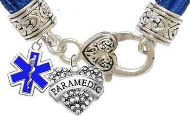 Paramedic, Genuine Crystal Heart, EMT Symbol, On A Blue Leather Hypoallergenic Bracelet, Nickel, Lead, And Poisonous Cadmium Free