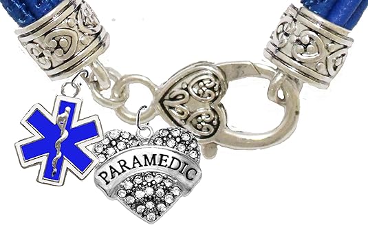 Paramedic, Genuine Crystal Heart, EMT Symbol, On A Blue Leather Hypoallergenic Bracelet, Nickel, Lead, And Poisonous Cadmium Free
