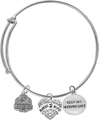 Marine, Marine Wife Crystal Charm, Keep My Husband Safe Adjustable Miracle Wire Bracelet, Hypoallergenic, Safe-No Nickel, No Lead and No Poisonous Cadmium