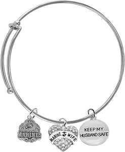 Marine, Marine Wife Crystal Charm, Keep My Husband Safe Adjustable Miracle Wire Bracelet, Hypoallergenic, Safe-No Nickel, No Lead and No Poisonous Cadmium