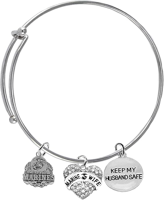 Marine, Marine Wife Crystal Charm, Keep My Husband Safe Adjustable Miracle Wire Bracelet, Hypoallergenic, Safe-No Nickel, No Lead and No Poisonous Cadmium