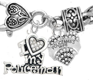 Policeman's, I Love My Policeman, Policeman's Wife Crystal Heart, Hypoallergenic, Safe-Nickel, Lead, Free