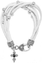 Black Genuine Crystal Cross, On A Genuine White Multi-Strand Leather Bracelet, Hypoallergenic, Safe-No Nickel, Lead, Or Poisonous Cadmium in Bracelet