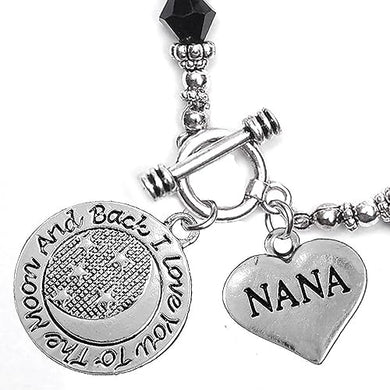 Nana, I Love You to The Moon and Back Jet Crystal Charm Bracelet, Hypoallergenic, Safe, Nickel, Lead & Cadmium Free.