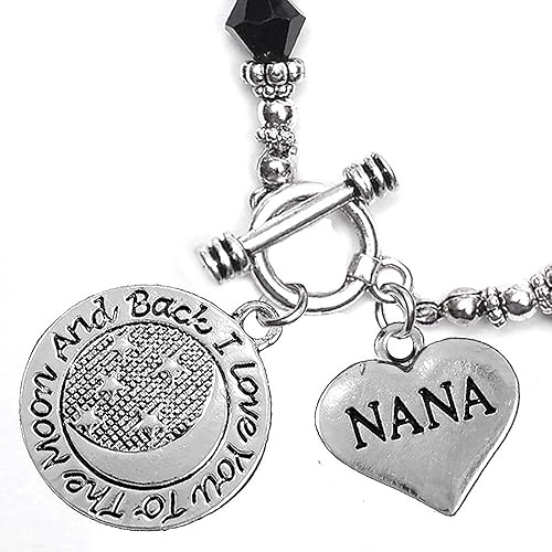 Nana, I Love You to The Moon and Back Jet Crystal Charm Bracelet, Hypoallergenic, Safe, Nickel, Lead & Cadmium Free.