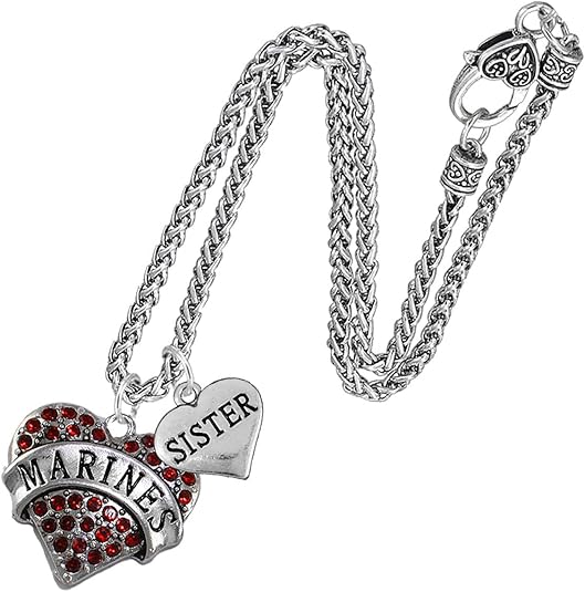 Marine Sister Heart Necklace, Hypoallergenic, Will NOT Irritate Anyone with Sensitive Skin. Safe- Nickel, Lead and Cadmium Free